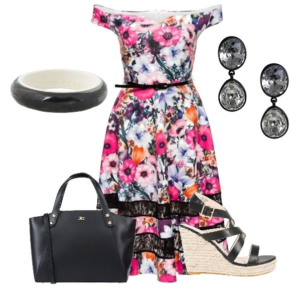 Outfit donna - Trendy #20294. Stile Trendy per Serata fuori. Abbinamento con maglieria, borsa a mano taglia media con zip interno foderato tinta unita, bracciale fantasia, orecchini in placcato argento bianco, sandali con zeppe e cinturino in pelle sintetica nero.