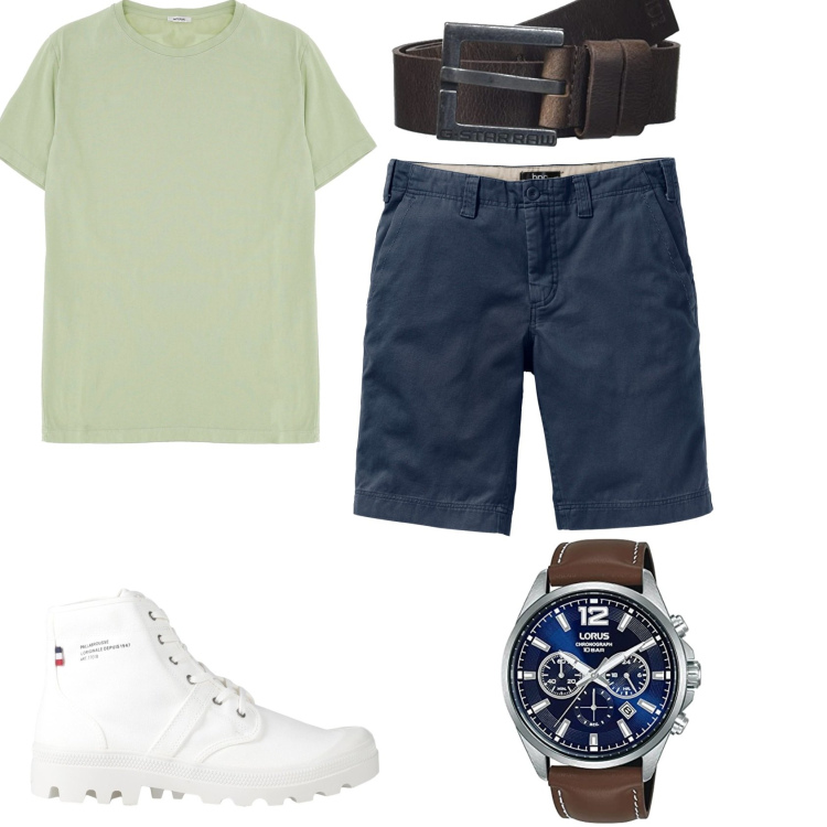 Outfit uomo - In bermuda e maglietta. Stile Casual per Tutti i giorni. Abbinamento con bermuda, stivali e stivaletti, t-shirt, orologi, cinture.