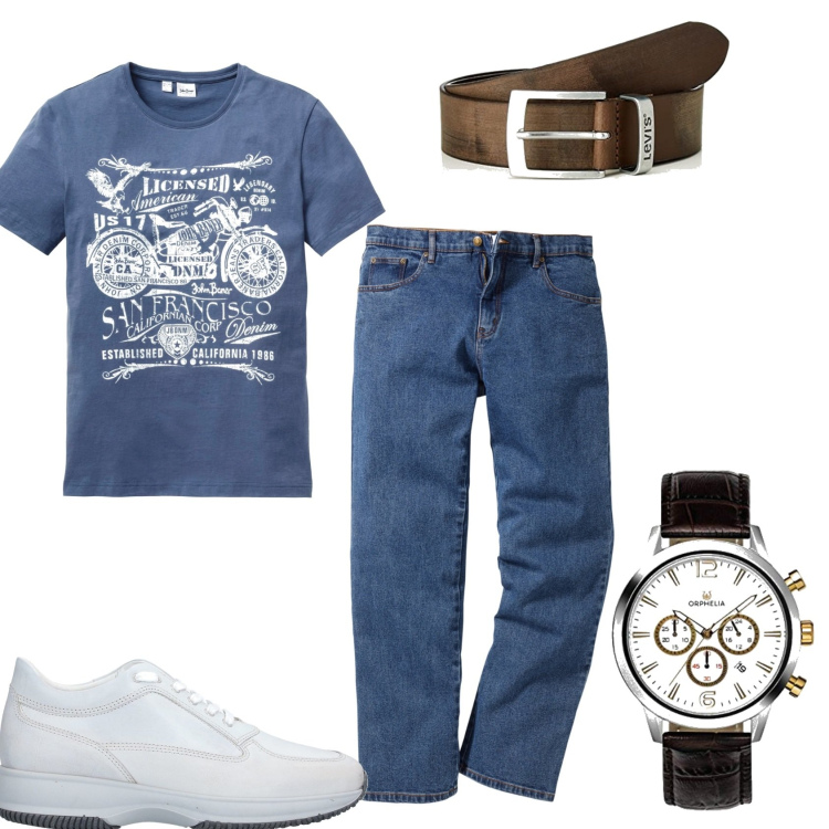 Outfit uomo - Jeans e una maglietta. Stile Casual per Tutti i giorni. Abbinamento con jeans dritti, t-shirt, sneakers, orologi, cinture.