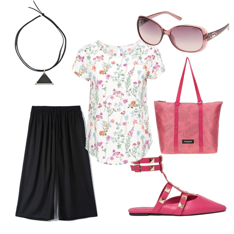 Outfit donna - Casual chic #8126. Stile Casual chic per Tutti i giorni. Abbinamento con bluse, pantaloni a palazzo, ballerine, borse tote, collane, occhiali da sole.