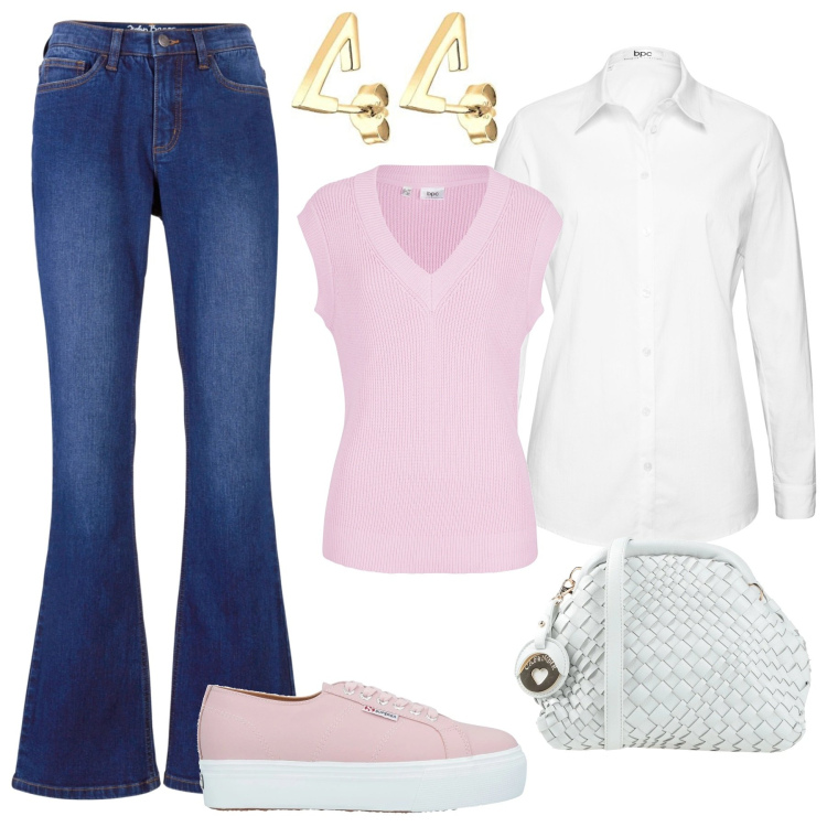 Outfit donna - Pink & White. Stile Casual chic per Tutti i giorni. Abbinamento con camicie, maglieria, jeans bootcut, borse a tracolla, sneakers, orecchini.