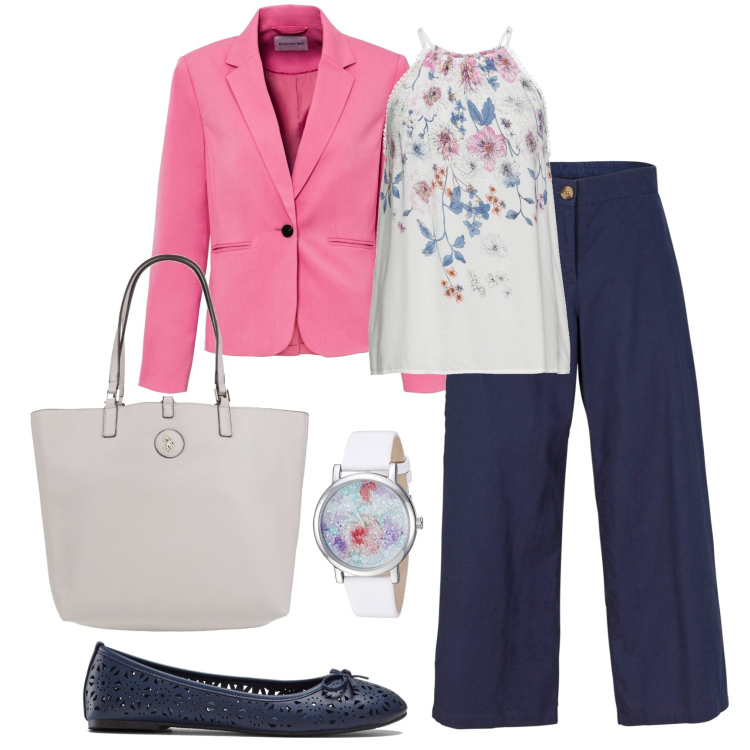 Outfit donna - Blu e rosa Bubbles. Stile Bon Ton per Ufficio. Abbinamento con top, pantaloni culotte, blazer, ballerine, borse a mano, orologi analogici.