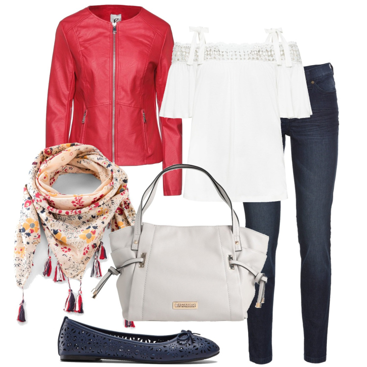 Outfit donna - Il foulard con le nappine. Stile Urban per Tutti i giorni. Abbinamento con jeans skinny, maglieria, foulard, ballerine, giacche, borse a mano.