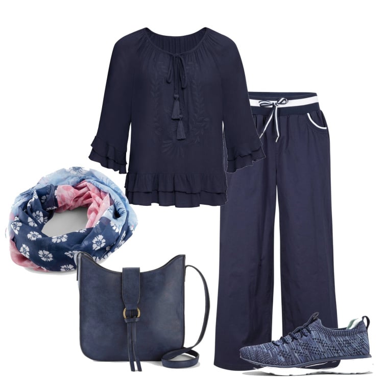 Outfit donna - Women not for a day only #31. Stile Sporty chic per Tutti i giorni. Abbinamento con sneakers, tuniche, pantaloni culotte, foulard, borse a tracolla.