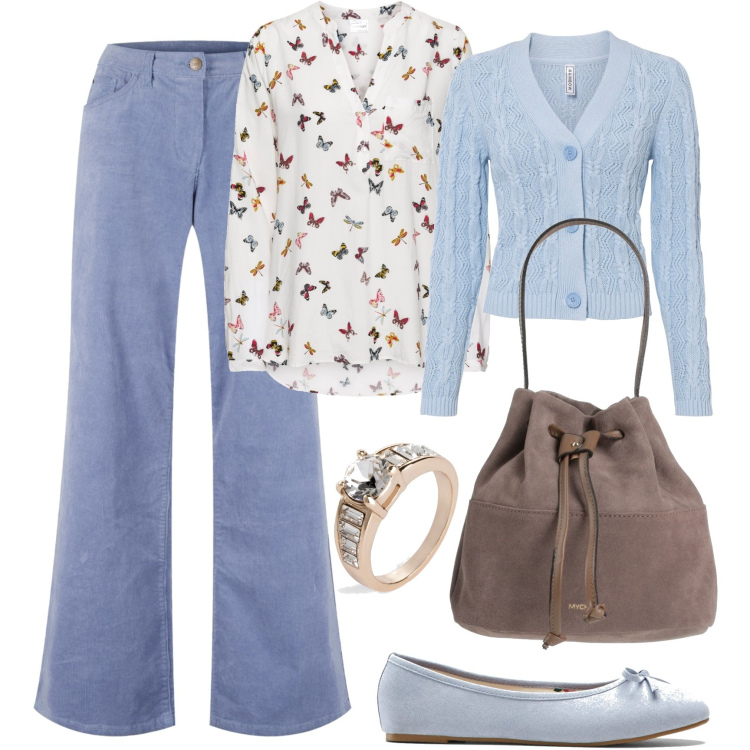 Outfit donna - La borsa a sacco. Stile Bon Ton per Tutti i giorni. Abbinamento con bluse, cardigans, pantaloni, ballerine, anelli, borse a mano.
