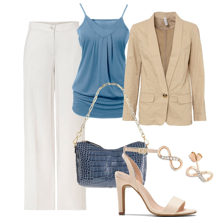 Outfit donna - Il top comfy. Stile Chic per Ufficio. Abbinamento con top, pantaloni a palazzo, blazer, sandali col tacco, borse a mano, orecchini.