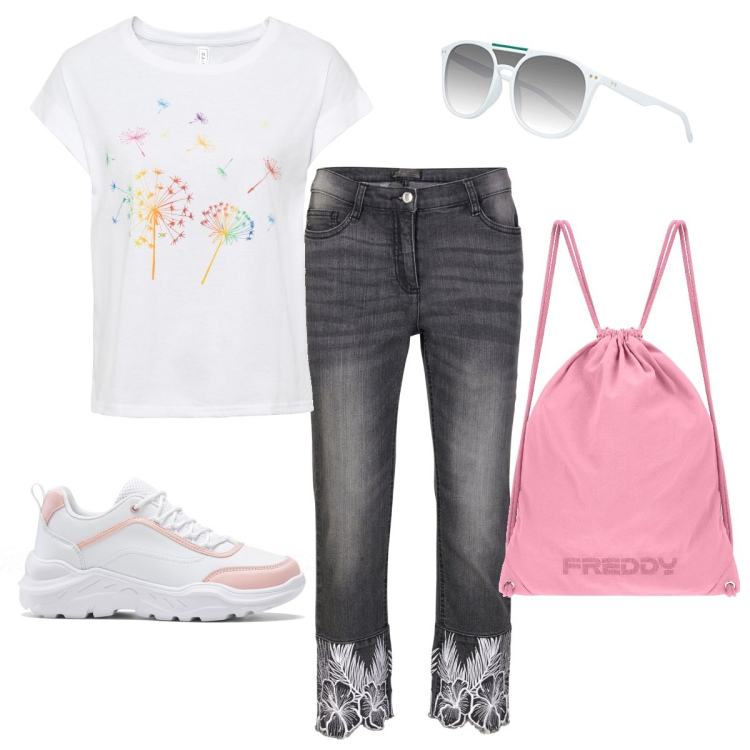Outfit donna - I pantaloni con i ricami. Stile Casual per Tutti i giorni. Abbinamento con t-shirt, jeans, sneakers, zaini, occhiali da sole.