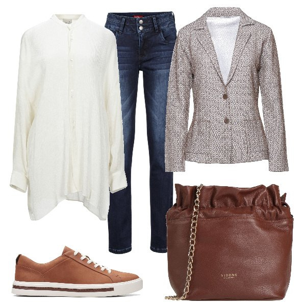 Outfit donna - Total look #1577848. Stile Basic per Tutti i giorni. Abbinamento con jeans, blazer, camicie, borse a tracolla, sneakers.
