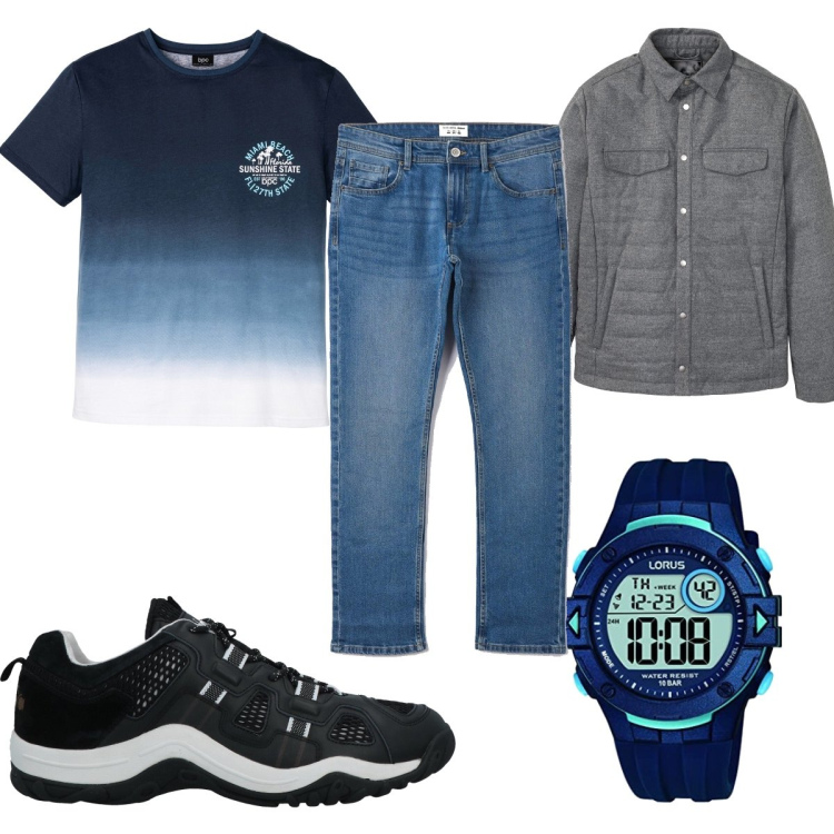 Outfit uomo - Total look #1577963. Stile Casual per Tutti i giorni. Abbinamento con t-shirt, giacche, sneakers, jeans, orologi digitali.