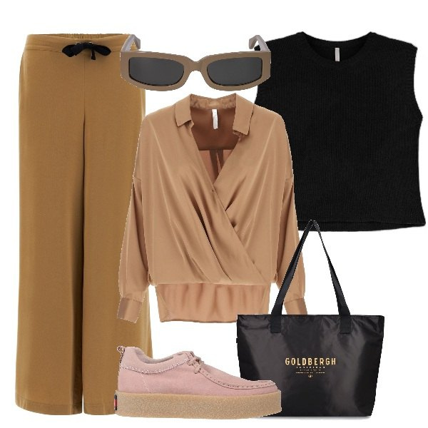 Outfit donna - Tuta o panta palazzo?. Stile Sporty chic per Tutti i giorni. Abbinamento con scarpe stringate, camicie, maglieria, pantaloni a palazzo, shopping bag, occhiali da sole.