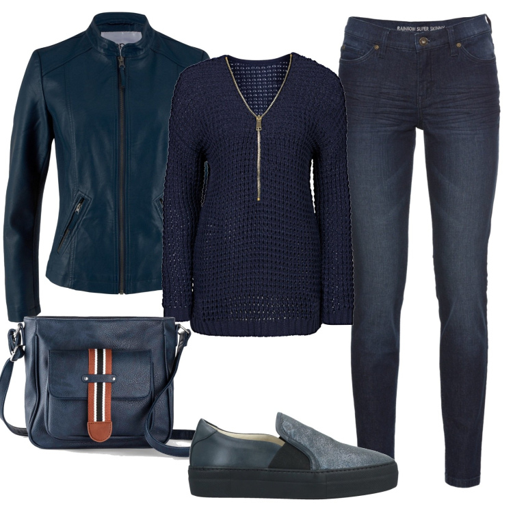 Outfit donna - Blu in ateneo. Stile Basic per Scuola/Università. Abbinamento con jeans skinny, maglieria, giacche sportive, borse a tracolla, sneakers.