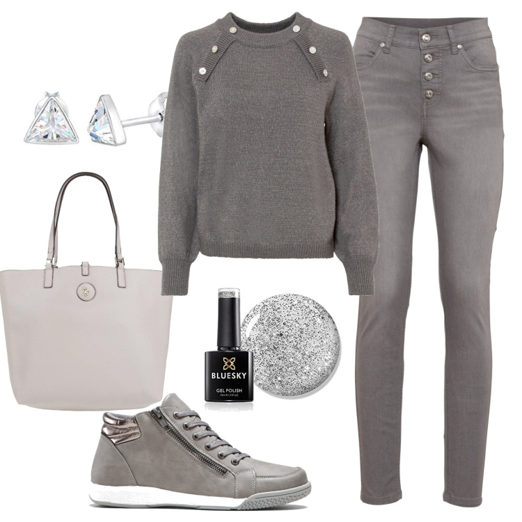 Outfit donna - Grigio. Stile Casual per Scuola/Università. Abbinamento con sneakers alte, maglieria, jeans, borse a mano, orecchini, smalti.