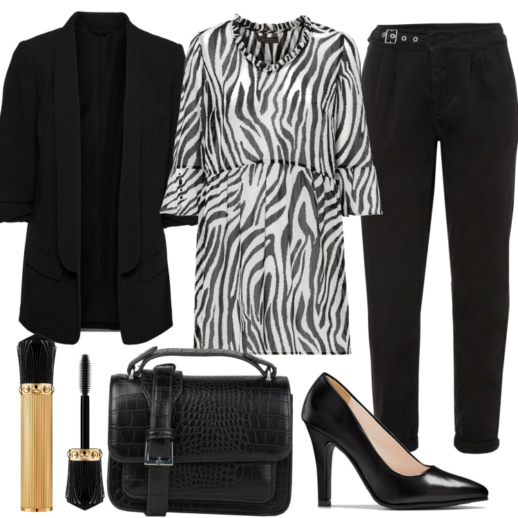 Outfit donna - Animalier per lui. Stile Trendy per Serata fuori. Abbinamento con blazer, bluse, pantaloni, décolleté, borse a mano, mascara.