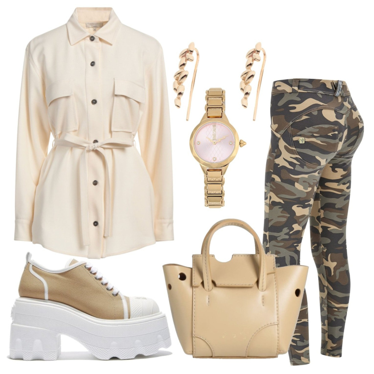 Outfit donna - Stampa mimetica. Stile Sporty chic per Serata fuori. Abbinamento con camicie, orologi, orecchini, borse a mano, sneakers, pantaloni skinny.