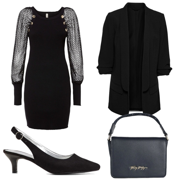 Outfit donna - Un aperitivo speciale con le amiche. Stile Casual chic per Serata fuori. Abbinamento con blazer, cintura, décolleté, borse a mano.