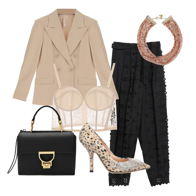 Outfit donna - Ghost outfitter - a marzo. Stile Casual per Serata fuori. Abbinamento con pantaloni, décolleté, giacche, top, borse a mano, collane.