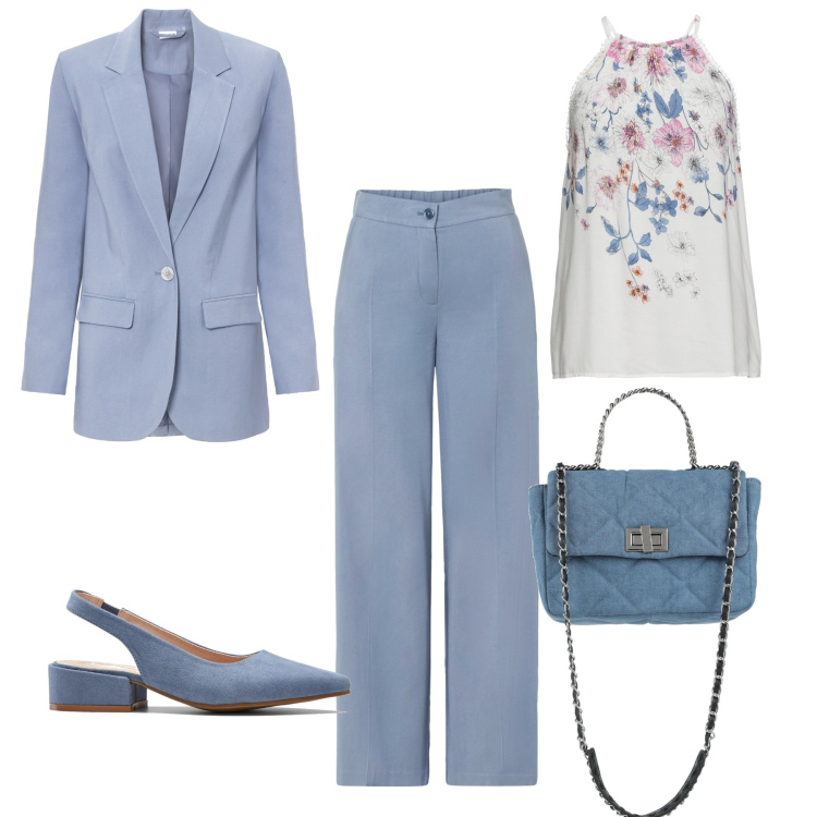 Outfit donna - Romantica. Stile Romantica per Serata fuori. Abbinamento con top, décolleté, pantaloni a palazzo, blazer, borse a mano.