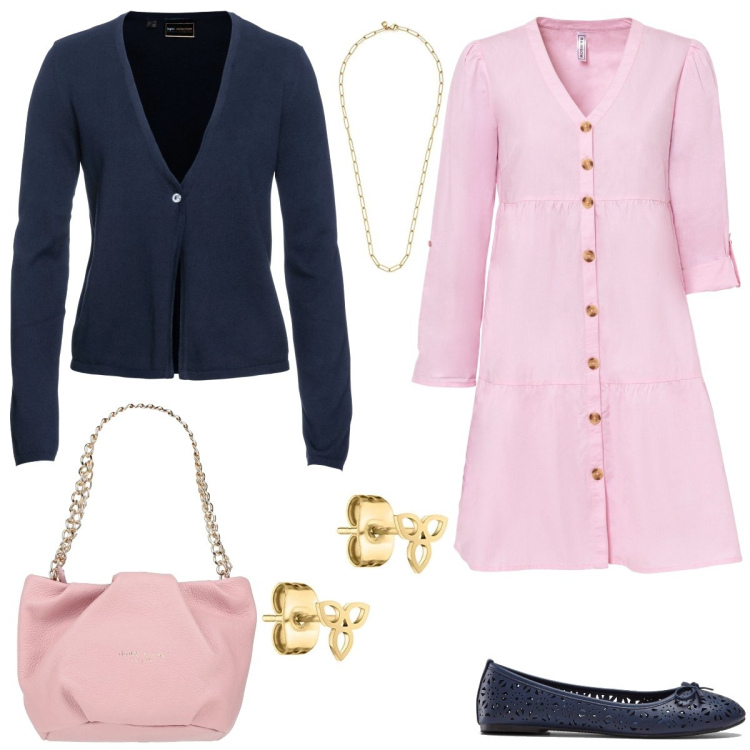 Outfit donna - Tempo libero. Stile Romantica per Tutti i giorni. Abbinamento con cardigans, vestiti, ballerine, borse a mano, collane, orecchini.