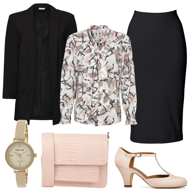 Outfit donna - Una riunione importante. Stile Chic per Ufficio. Abbinamento con gonne longuette, camicie, blazer, décolleté, borse a tracolla, orologi.