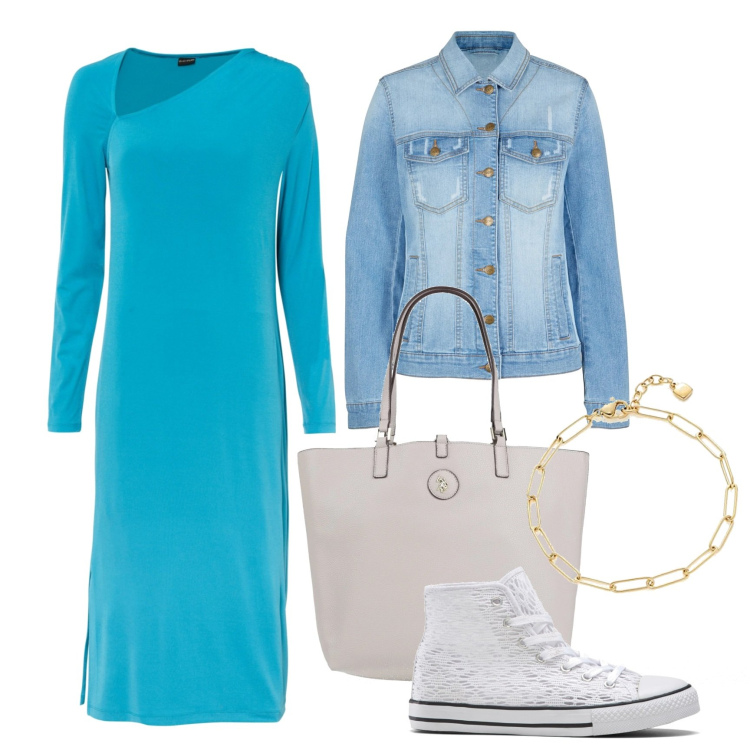 Outfit donna - Il vestito turchese. Stile Urban per Tutti i giorni. Abbinamento con blazer, vestiti midi/longuette, sneakers, borse a mano, braccialetti.