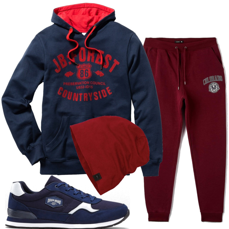 Outfit uomo - Sport day. Stile Urban per Sport. Abbinamento con felpe con cappuccio, sneakers, pantaloni, berretti.