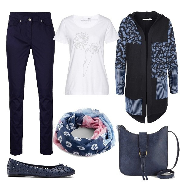 Outfit donna - Total look #1578261. Stile Trendy per Tutti i giorni. Abbinamento con t-shirt, ballerine, cardigans, pantaloni, foulard, borse a tracolla.