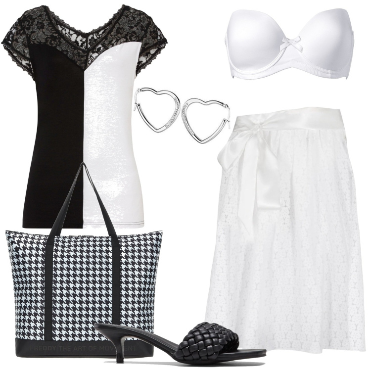 Outfit donna - Cuori d\'argento. Stile Casual per Tutti i giorni. Abbinamento con reggiseni, gonne, maglieria, ciabatte, borse tote, orecchini.