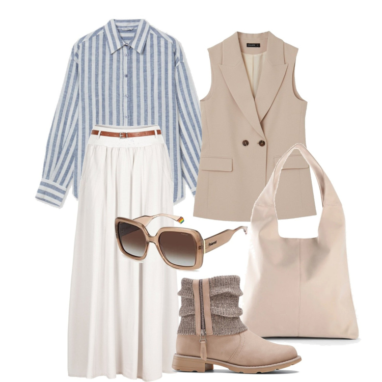 Outfit donna - Le righe che sdrammatizzano. Stile Casual chic per Tutti i giorni. Abbinamento con stivaletti, gonne lunghe, shopping bag, camicie, gilet, occhiali da sole.