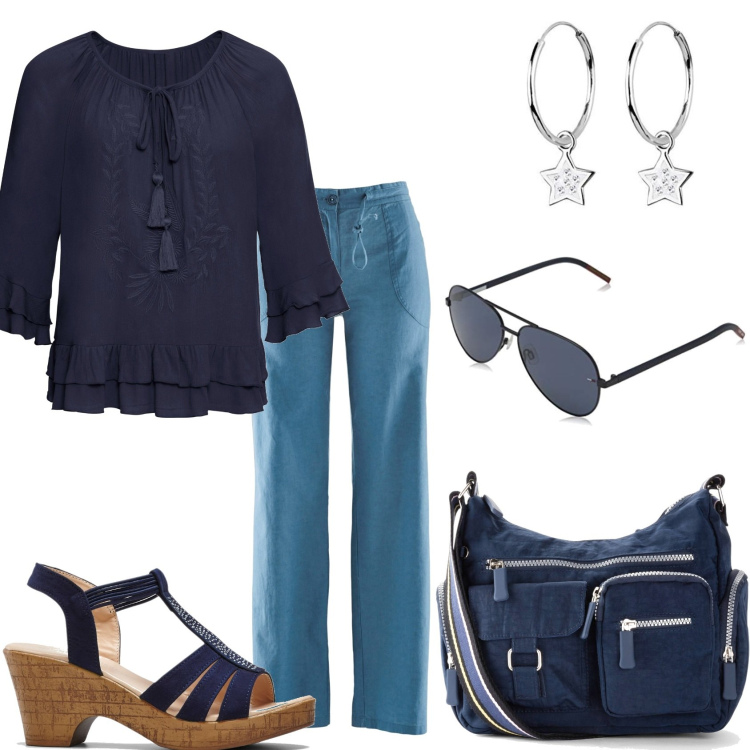 Outfit donna - Comoda pantaloni e blusa. Stile Casual per Tutti i giorni. Abbinamento con pantaloni a palazzo, borse a tracolla, tuniche, sandali, occhiali da sole, orecchini.