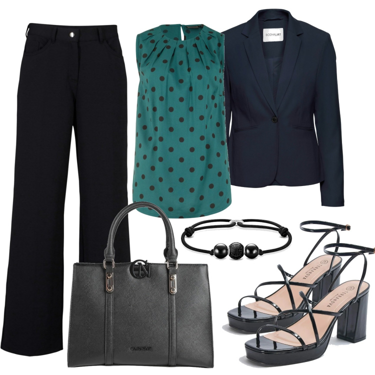 Outfit donna - Una blusa a pois. Stile Bon Ton per Ufficio. Abbinamento con blazer, top, pantaloni, borse a mano, sandali in pelle, braccialetti.