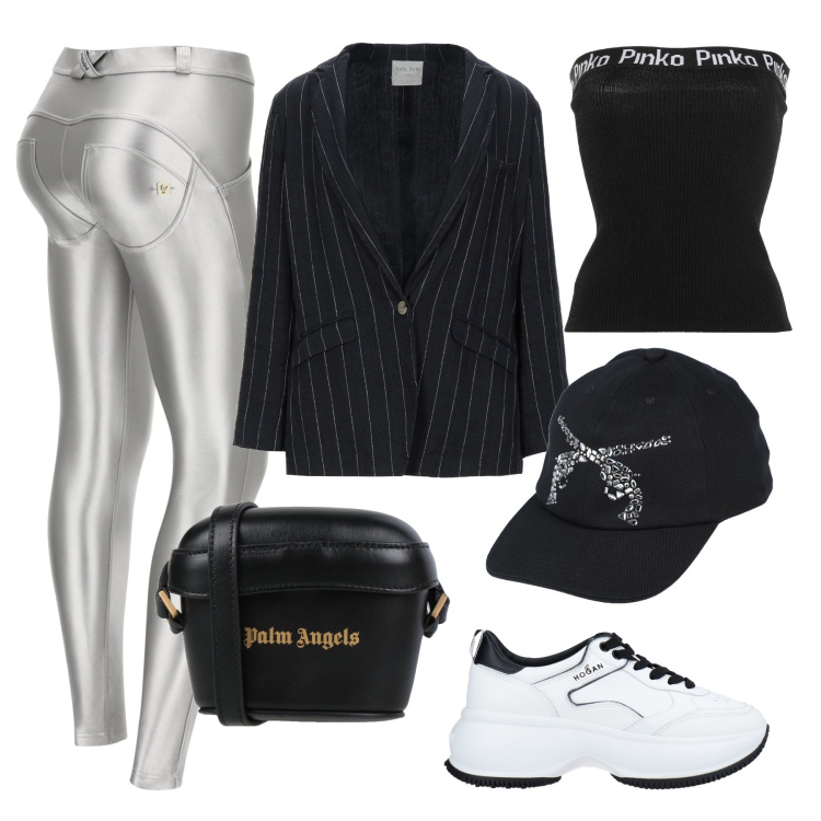 Outfit donna - Sporty chic day. Stile Sporty chic per Tutti i giorni. Abbinamento con sneakers, cappelli con visiera, top, blazer, borse a tracolla, pantaloni skinny.