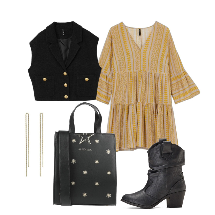 Outfit donna - Il gilet sul vestitino. Stile Trendy per Tutti i giorni. Abbinamento con stivaletti texani, borse a mano, vestiti corti, gilet, orecchini.