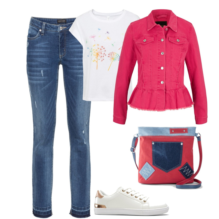 Outfit donna - In città. Stile Casual per Tutti i giorni. Abbinamento con t-shirt, jeans skinny, giacche, borse a tracolla, sneakers.