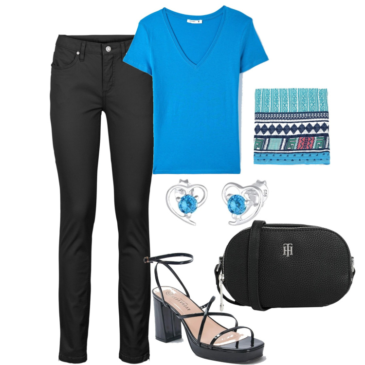 Outfit donna - In città. Stile Casual per Tutti i giorni. Abbinamento con jeans, borse a tracolla, t-shirt, sandali in pelle, sciarpe, orecchini.