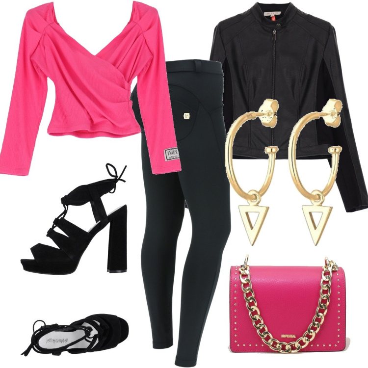 Outfit donna - Glamour #2777. Stile Glamour per Serata fuori. Abbinamento con sandali in pelle, pantaloni skinny, giacche, maglieria, pochette, orecchini.