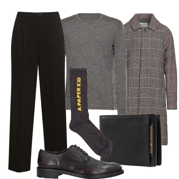 Outfit uomo - Colloquio di lavoro. Stile Business/Elegante per Ufficio. Abbinamento con scarpe stringate, cappotti, pantaloni, maglieria, portafogli, calzini.