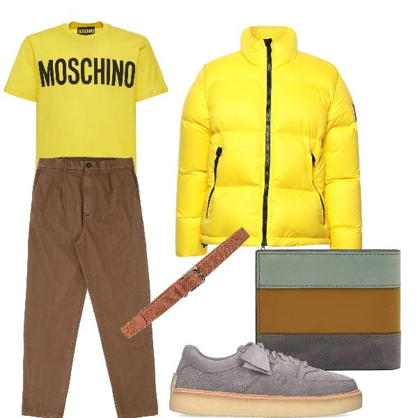 Outfit uomo - Uscita con gli amici. Stile Trendy per Serata speciale. Abbinamento con pantaloni, piumini, cinture, t-shirt, portafogli, scarpe stringate.