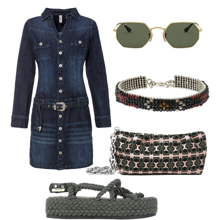 Outfit donna - Vestito jeans e sandalo crochet. Stile Boho per Tutti i giorni. Abbinamento con vestiti, infradito, clutch, occhiali da sole, braccialetti.