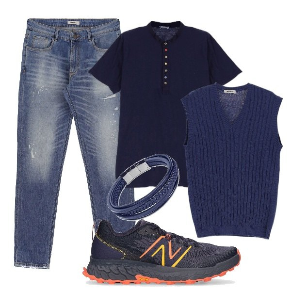 Outfit uomo - Relax dopo il lavoro. Stile Trendy per Tutti i giorni. Abbinamento con jeans slim fit, gilet, t-shirt, braccialetti, sneakers.