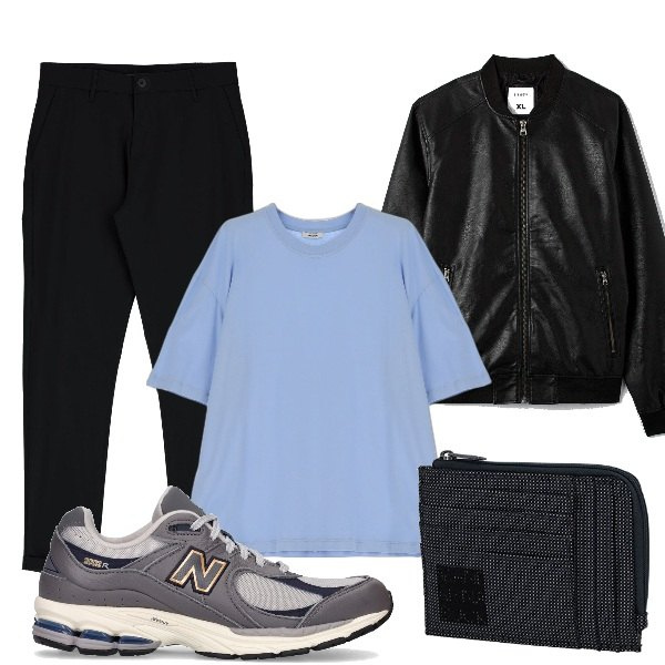 Outfit uomo - Biker. Stile Biker Rock per Tutti i giorni. Abbinamento con pantaloni, t-shirt, bomber, sneakers, portafogli.