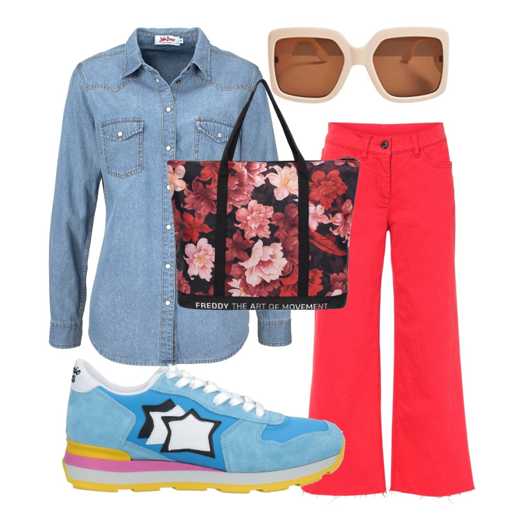 Outfit donna - Una giornata all\' aperto. Stile Casual Abbinamento con camicie, pantaloni culotte, sneakers, borse tote, occhiali da sole.