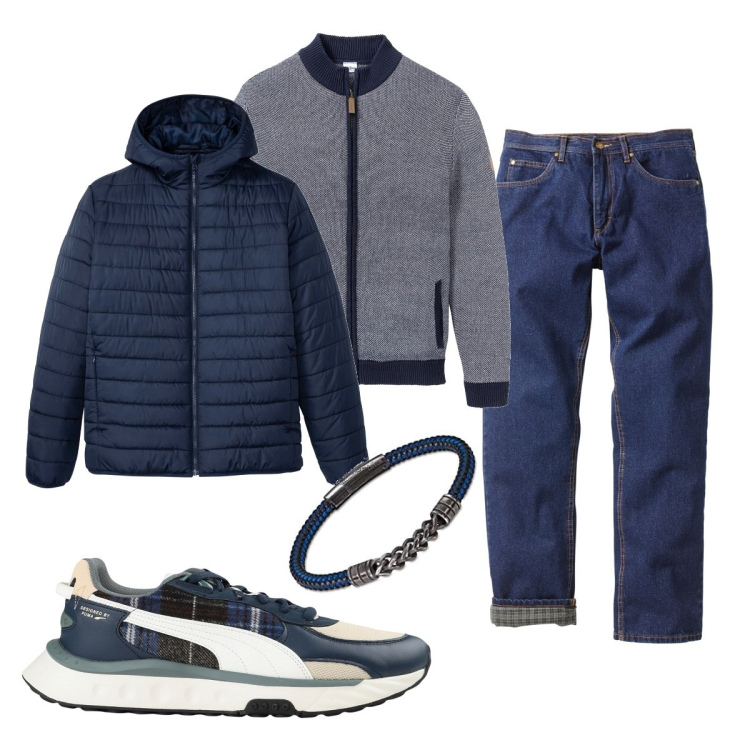 Outfit uomo - Casual #8658. Stile Casual per Tutti i giorni. Abbinamento con cardigans, jeans dritti, giacche, sneakers, braccialetti.