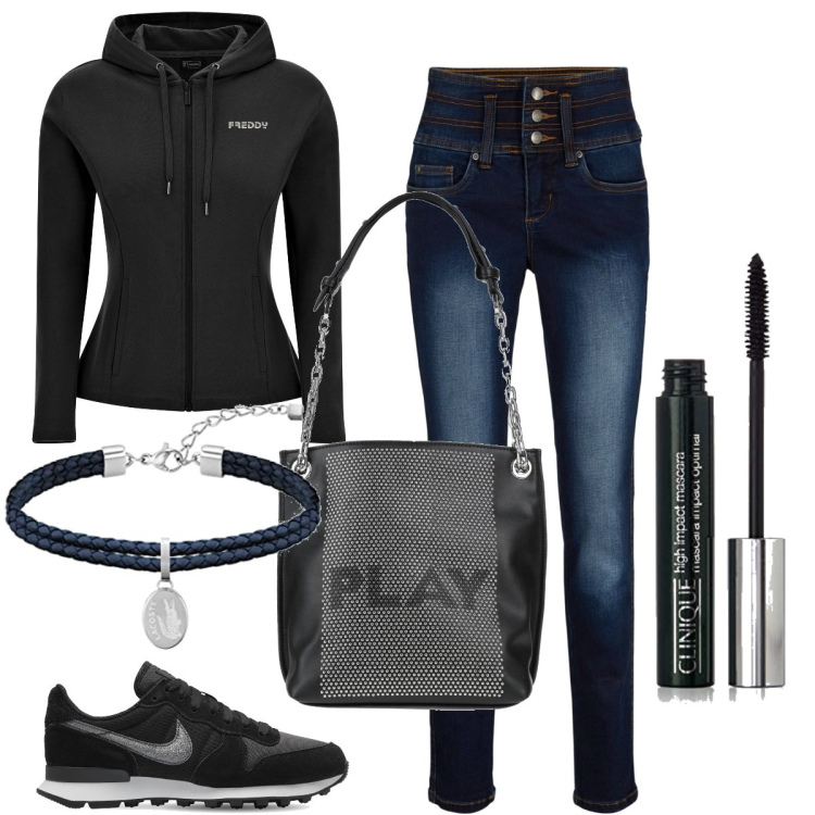 Outfit donna - Sporty chic #1688. Stile Sporty chic per Tutti i giorni. Abbinamento con borse a spalla, jeans, felpe con cappuccio, sneakers, mascara, braccialetti.