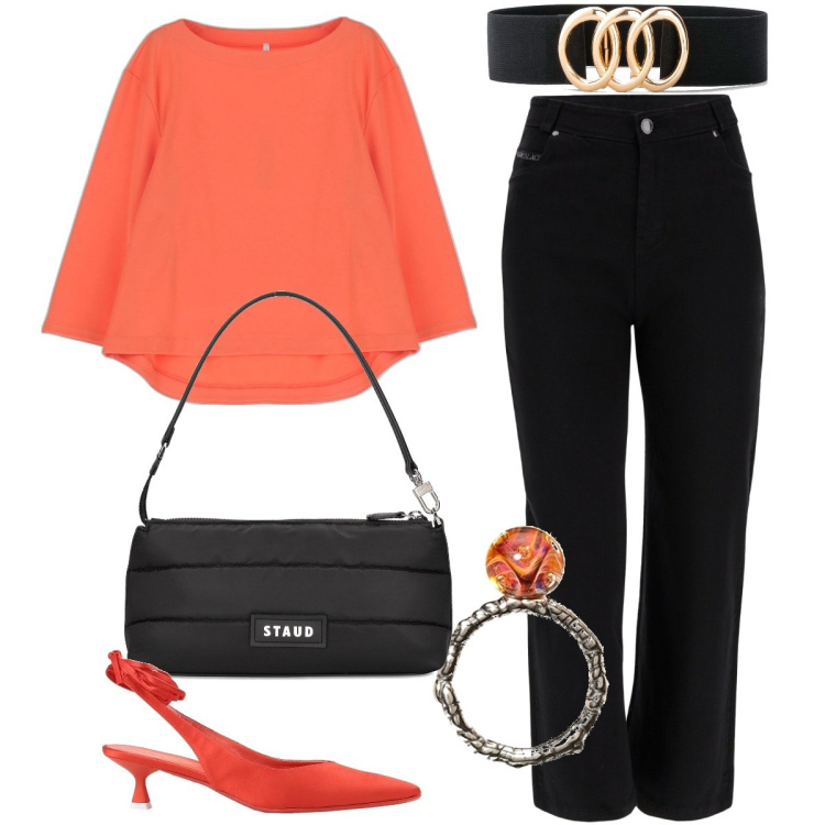 Outfit donna - Casual chic #8265. Stile Casual chic per Tutti i giorni. Abbinamento con cinture, décolleté, maglieria, jeans dritti, anelli, borse a spalla.