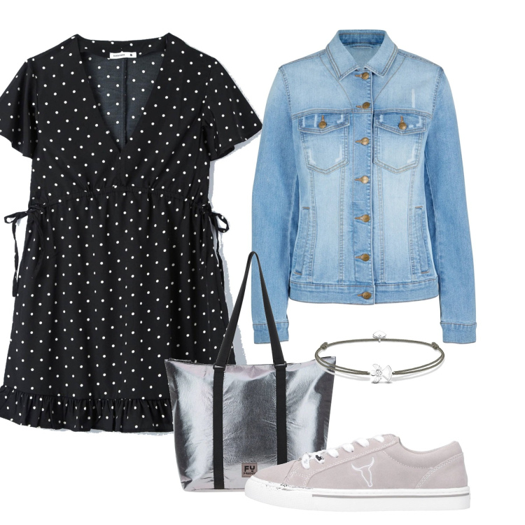 Outfit donna - Denim e pois. Stile Casual chic per Tutti i giorni. Abbinamento con blazer, sneakers, vestiti, borse tote, braccialetti.