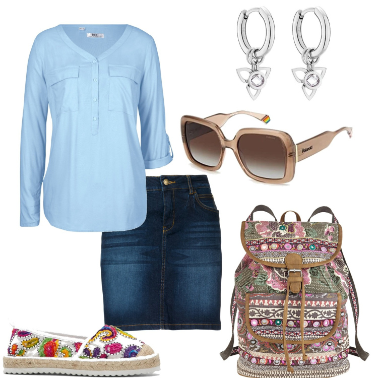 Outfit donna - Gonna jeans e espadrilias. Stile Casual chic per Tutti i giorni. Abbinamento con espadrillas, gonne, bluse, zaini, occhiali da sole, orecchini.