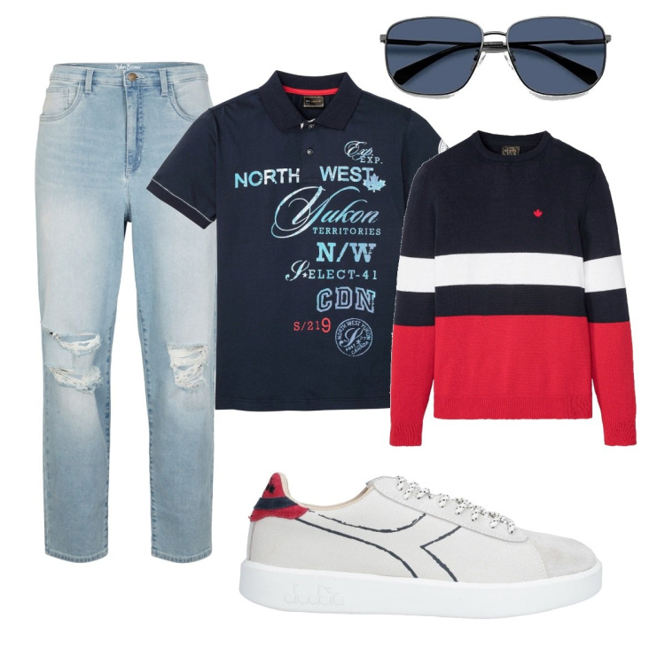 Outfit uomo - Casual #8691. Stile Casual per Tutti i giorni. Abbinamento con polo, maglieria, jeans, sneakers, occhiali da sole.