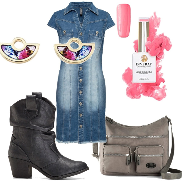 Outfit donna - Trendy #7462. Stile Trendy per Tutti i giorni. Abbinamento con borse a tracolla, stivaletti texani, vestiti corti, orecchini, smalti.