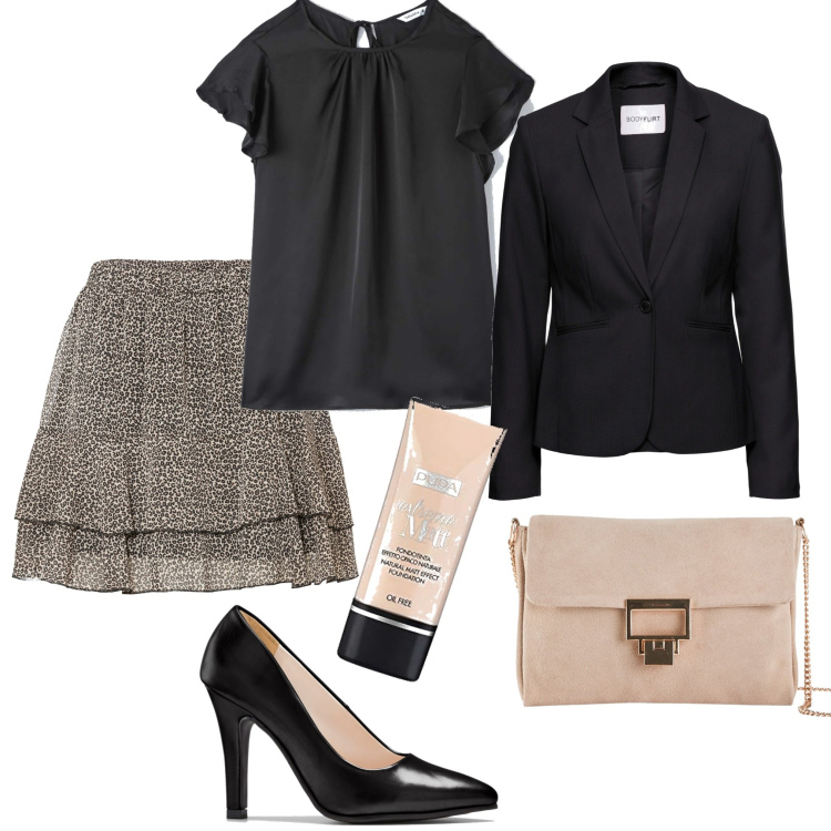 Outfit donna - Seratina. Stile Vintage retrò per Serata fuori. Abbinamento con blazer, minigonne, décolleté, pochette, camicie a manica corta, fondotinta.