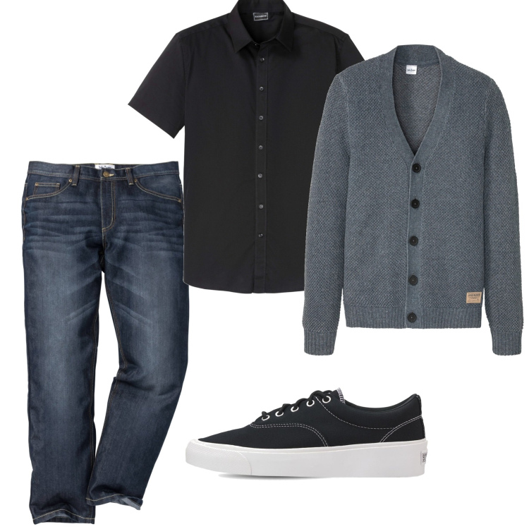 Outfit uomo - Casual #8707. Stile Casual per Tutti i giorni. Abbinamento con jeans dritti, camicie a manica corta, cardigans, sneakers.